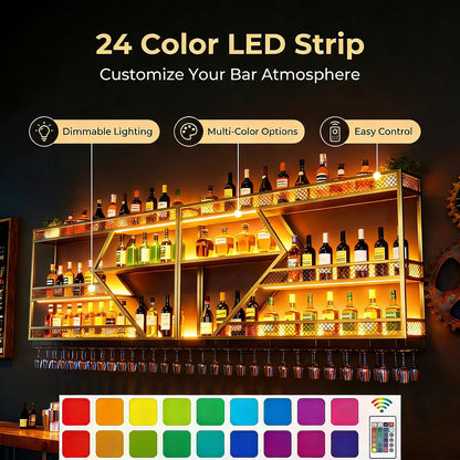 Wall Mounted Wine Rack, 71 Inch, 3-Tier Metal Bottle Shelf with Wine Glass Holder and LED Lights, Industrial Style for Home Bar, Restaurant (Gold, 71in)