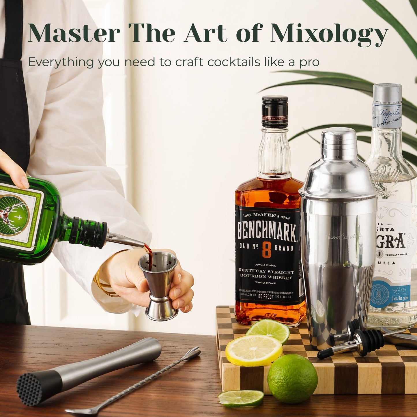 HomeCurated Cocktail Shaker Set,24-Piece Bar Bartender Kit with Stand,Martini Shaker,Jigger,Strainer,Mixer Spoon,Muddler,Liquor Pourers,Tongs,Opener,LCE Ball Mold&LCE Cubes,Bottle Stoppers|Silver