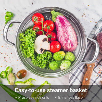 Chefbee Stainless Steel Steamer Pot - 3.2QT Steamer for Cooking with Food Basket, Steaming Cooking Pot Kitchen Cookware for Vegetable, Food, Dumplings, Soup
