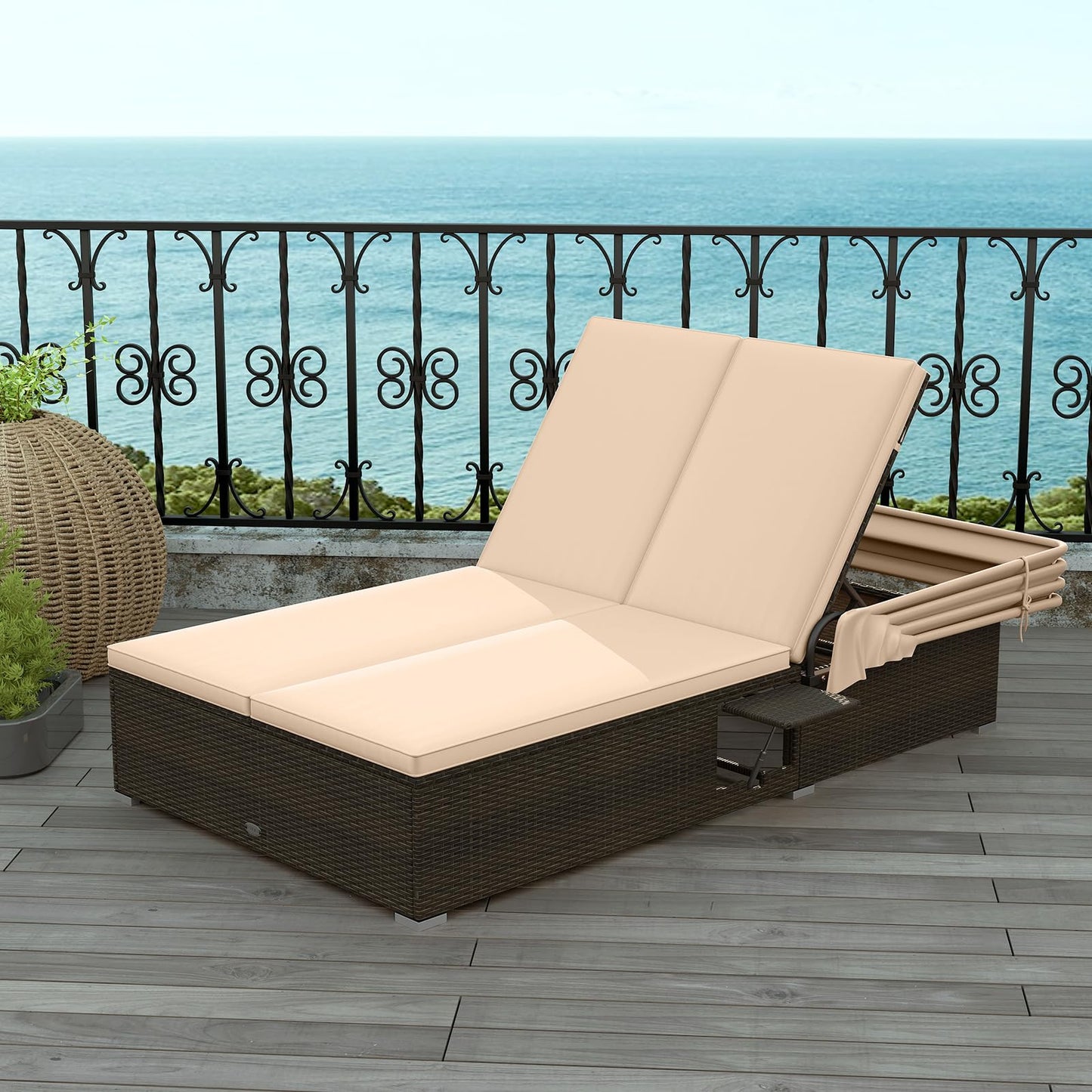 HAPPYGRILL Outdoor Rattan Daybed with Retractable Canopy, 2-Person Lounge Bed with 5-Position Adjustable Backrest, Foldable Side Shelves, Patio Double Sunbed Conversation for Yard Porch