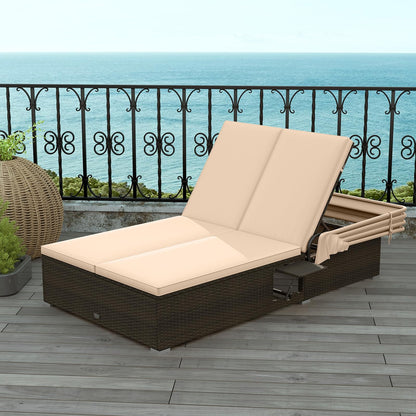 HAPPYGRILL Outdoor Rattan Daybed with Retractable Canopy, 2-Person Lounge Bed with 5-Position Adjustable Backrest, Foldable Side Shelves, Patio Double Sunbed Conversation for Yard Porch
