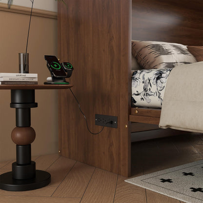 KEIKI Queen Size Murphy Bed Cabinet with Power Station & Large Drawer, Pine Wood Folding Chest Bed with Rattan Panel, Space-Saving Wall Bed, Walnut