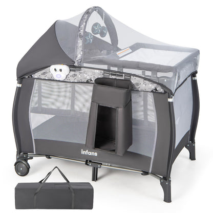 INFANS 4 in 1 Pack and Play, Portable Travel Baby Playard with Bassinet, Changing Table, Canopy, Mosquito Net, Hanging Toys, Music Box, Storage Bag, Large Playpen from Newborn to Toddlers (Grey)