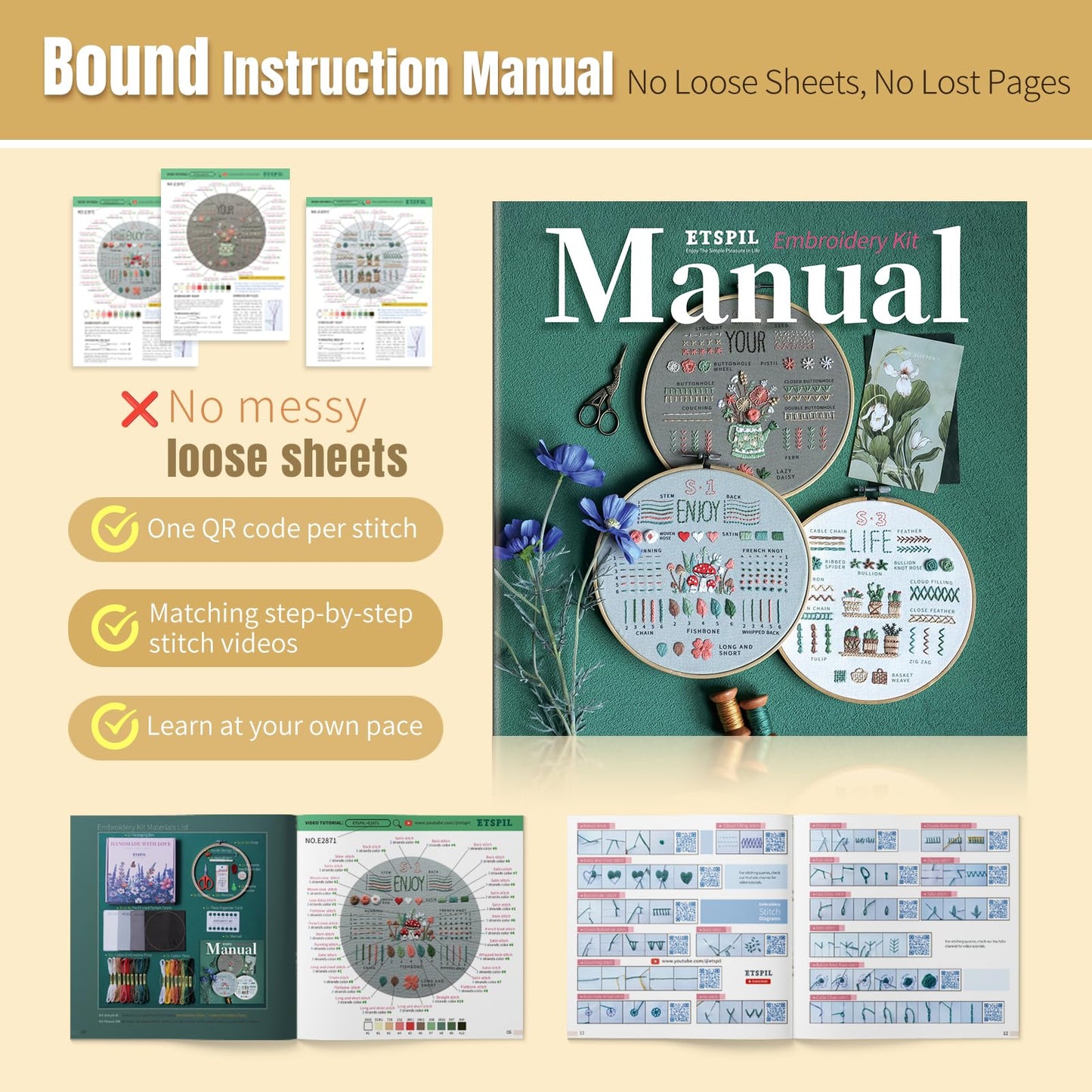 ETSPIL Embroidery Kit for Beginners, Magnetic Needle Minder & 4K Video Tutorials, Pre-Printed Floral Patterns, Bound Guide, Relaxing Screen-Free Craft for Women at Home