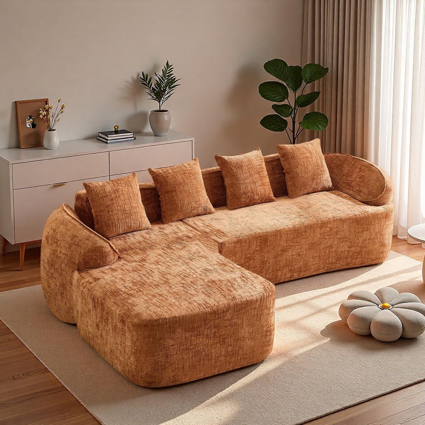 Trygoal L Shaped Compression Sofa, Modular Couch with Curved Armrests & 4 Coordinating Pillows, Modern 101'' Chenille 4 Seater Sofa with Wide Seat for Living Room, Bedroom, No Assembly, Orange