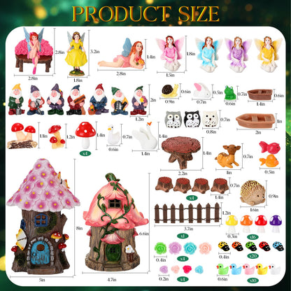 HyDren 100 Pcs Fairy House Garden Figurines Kit 8'' Solar Miniatures Light up 6.6" Fairy House Gnome Animals Doll Outdoor Resin Statues Micro Landscape Ornaments DIY Garden Decor