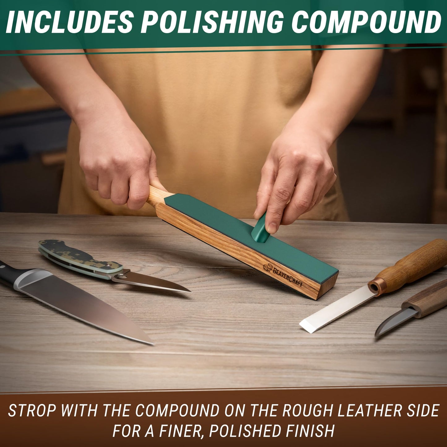 BeaverCraft Leather Strop for Knife Sharpening - Dual-Sided Knife Strop with Stropping Compound Kit - Honing Strop Block 14" for Woodcarving Tools, Chisel Knife Sharpening Kit Leather Sharpener LS6P1