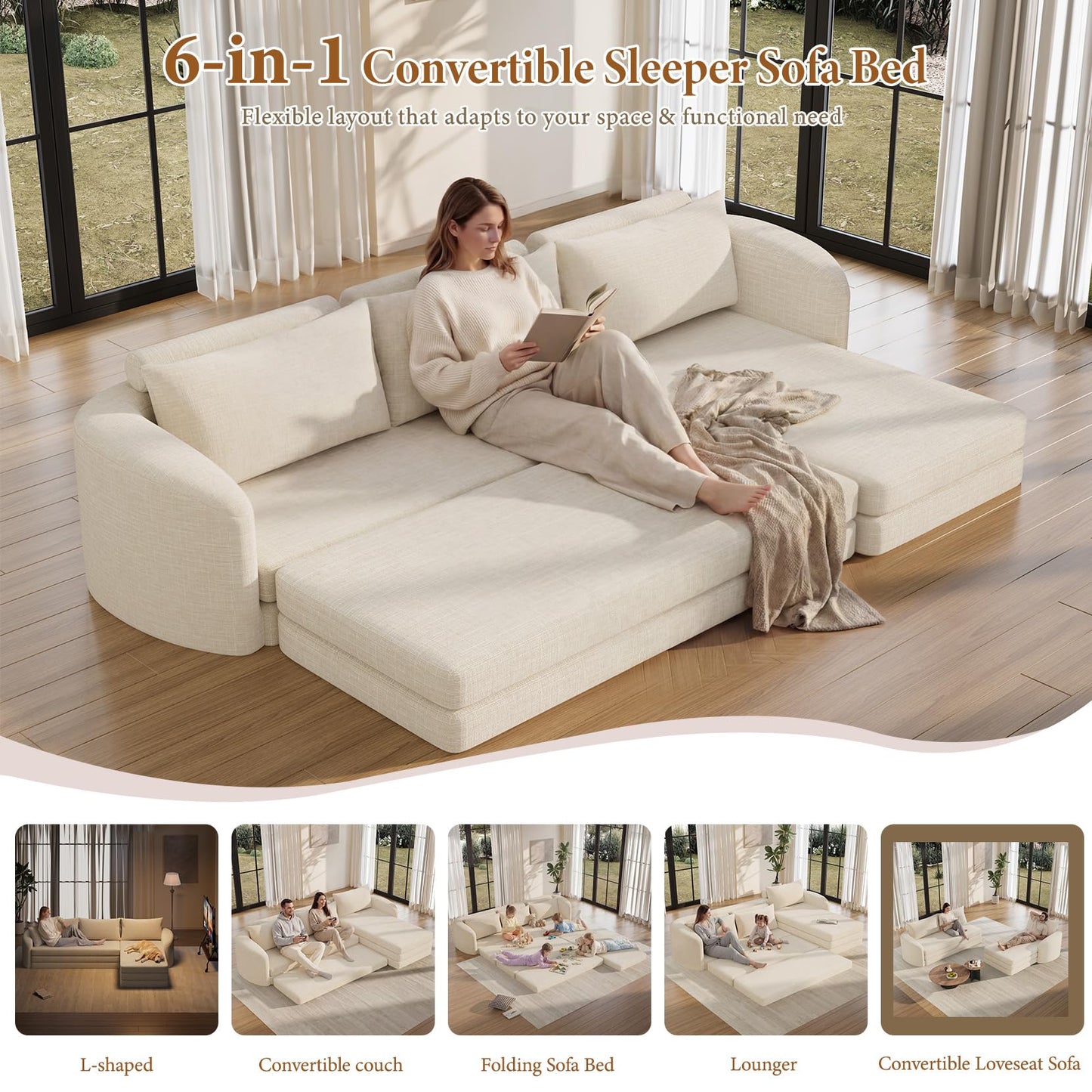 Vesgantti 110.2" Boneless Sectional Couch with Curved Armrest, 6 in 1 Convertible Folding Sleeper Sofa Bed, Chenille Modular Sofa for Living Room, No Assembly Required, Beige, Right Facing Chaise