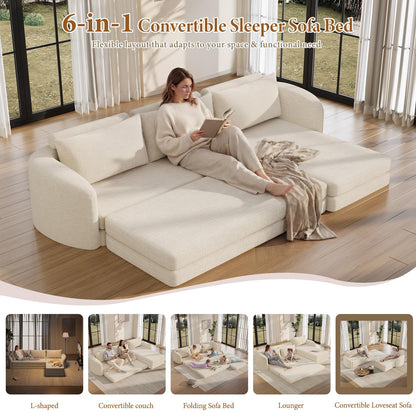 Vesgantti 110.2" Boneless Sectional Couch with Curved Armrest, 6 in 1 Convertible Folding Sleeper Sofa Bed, Chenille Modular Sofa for Living Room, No Assembly Required, Beige, Right Facing Chaise