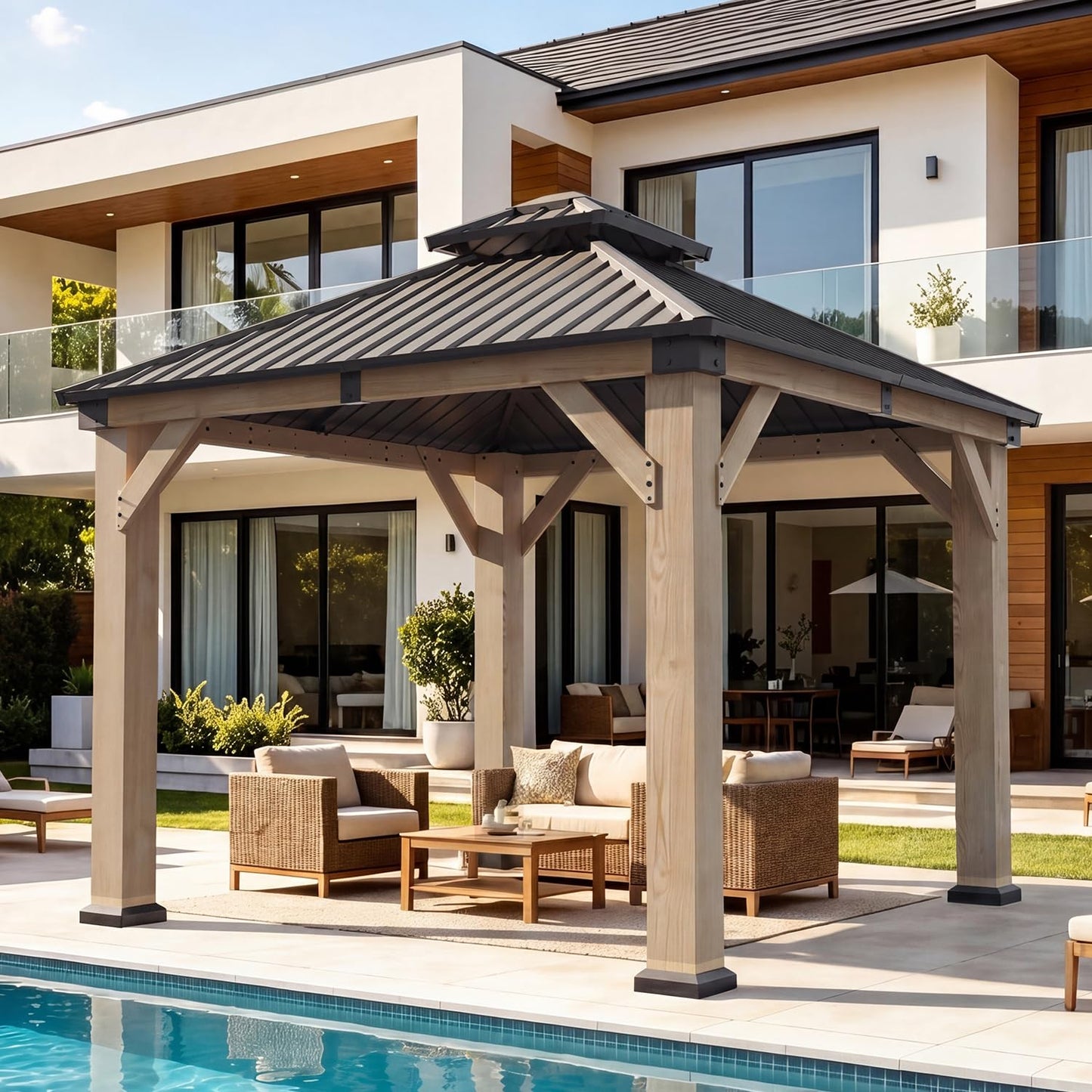 Aoxun 10' x 10' Outdoor Wood Gazebo, Hardtop Gazebo Permanent Wooden Pavilion with Galvanized Steel Double Roof, for Backyard, Garden, Deck, Cedar Wood, Grey