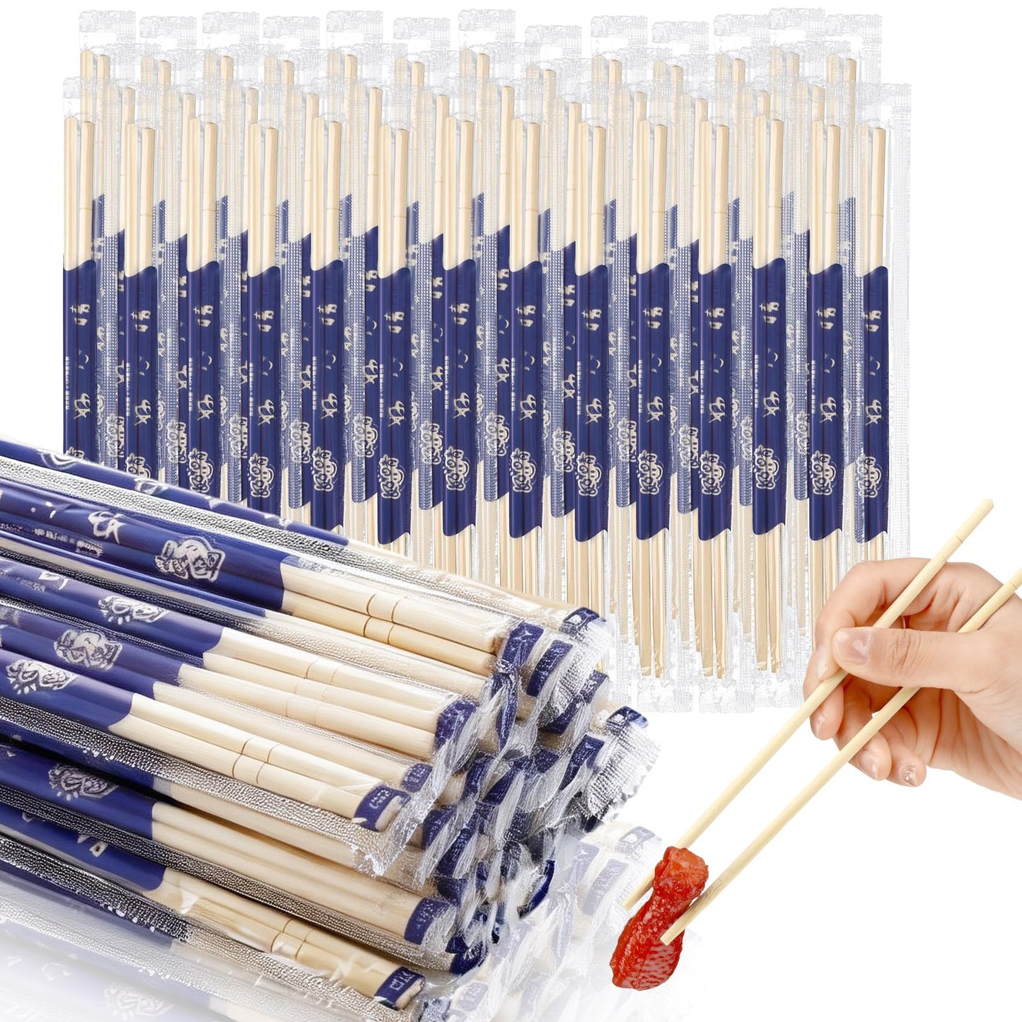Acellegic 300 Pairs Bamboo Disposable Chopsticks Bulk 8 Inch Round Separated Wooden Chopsticks Individually Wrapped in Clear Sleeve Film for Take out Orders Restaurants Picnics(Smile Face Pattern)