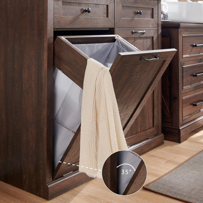 IFGET Double Tilt Out Trash Cabinet, 20 Gallon Farmhouse Laundry Hamper Cabinet with 2 Drawers, Hidden Wooden Trash Can Cabinets with Storage Basket for Kitchen, Living Room (Brown)