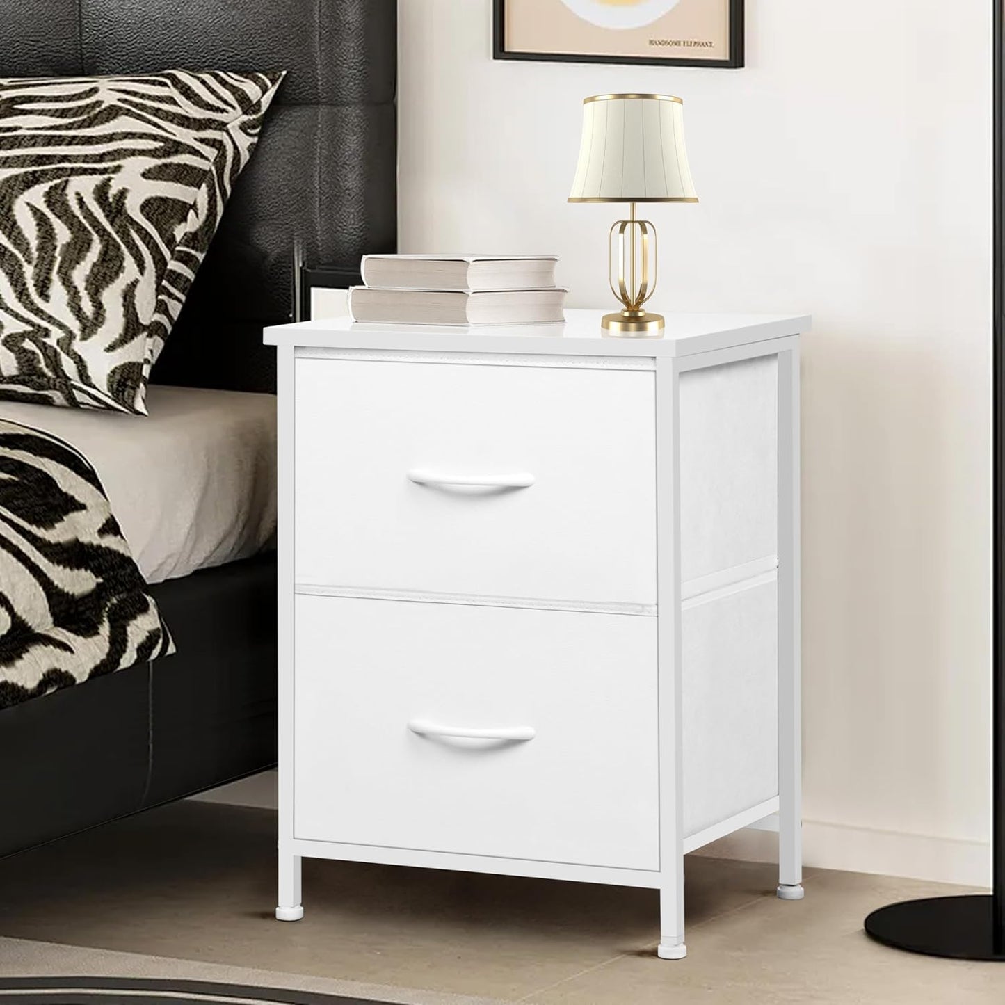 2 15.7" 11.8" 21" LOFTEY White Nightstand, Bedside Table with Fabric Drawers, Small Kids Night Stand for Bedroom, Bed