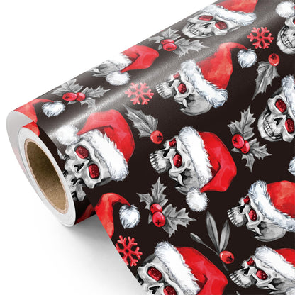 WRAPAHOLIC Skull Christmas Wrapping Paper - Mini Roll - 17 Inch x 16.5 Feet - Holly and Santa Hat Skull Wrapping Paper for Christmas, Halloween, Holiday, Party Celebration