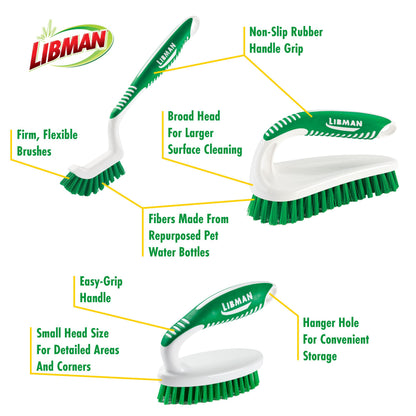 Libman Scrub Brush Kit | Cleaning Brush | Tile & Grout Brush | Small Scrub Brush | Power Scrub Brush | Carpet Brush | Bathroom Scrubber | Boot Scrubber | 3 Different Brushes Included
