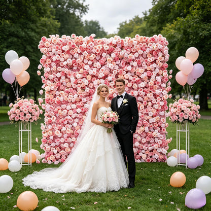 5D Pink Realistic Rose wall Backdrop, 8×8ft,Artificial Flower wall Panel. Easy to Install and Store, Reusable. Perfect for Weddings, Birthday Parties, and Home Decoration. Without Stand