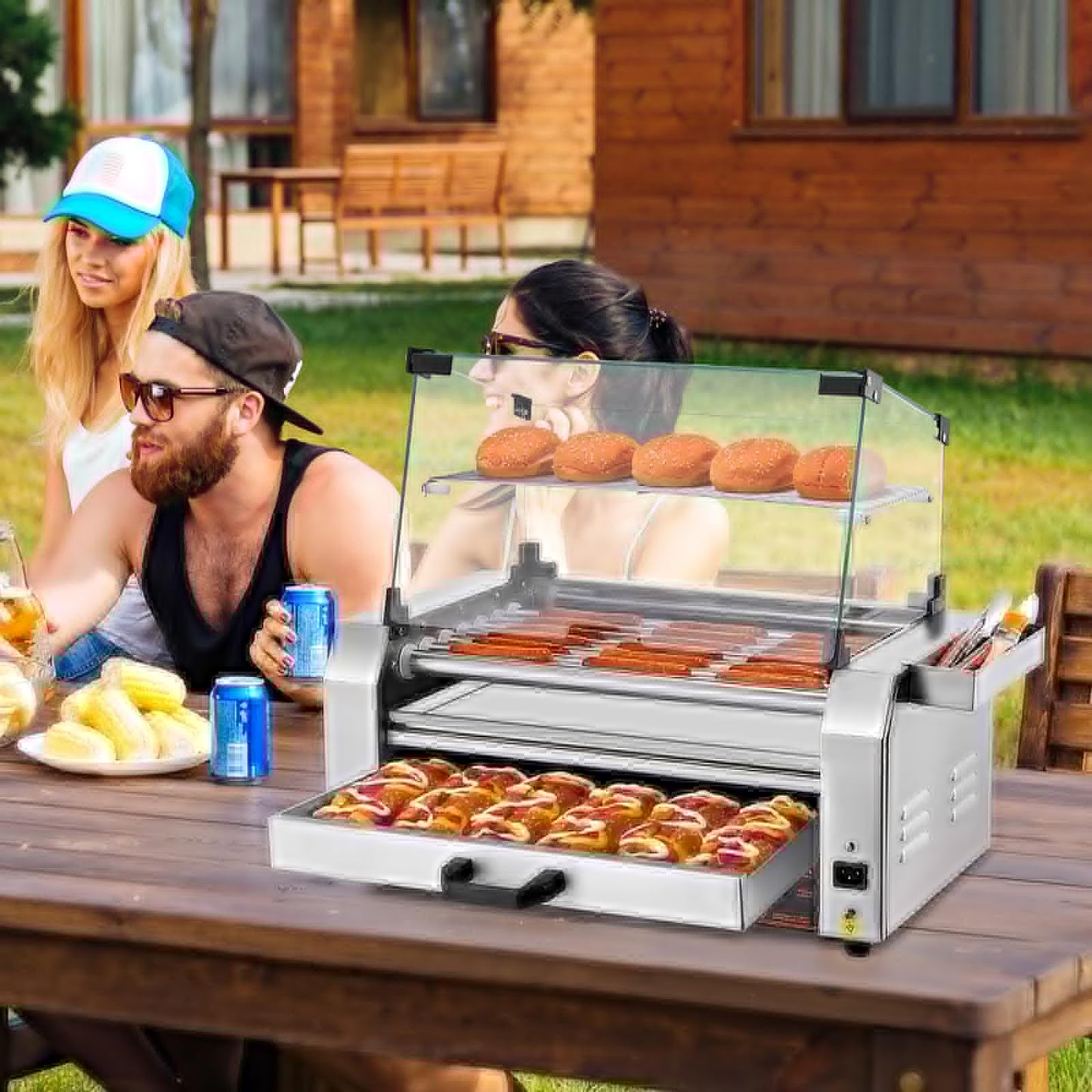 VEVOR Hot Dog Roller, 18 Hot Dog 7 Rollers, Stainless Steel Sausage Grill Cooker, 1200W Hot Dog Machine with Bun Warmer, Cover, 3 Temp Control, Side Storage Box, Oil Drip Tray, for Home & Commercial