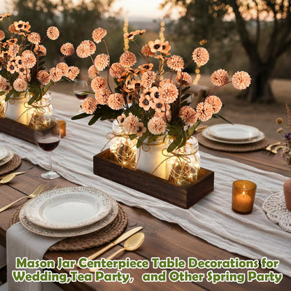 Suncalla 3 Pcs Summer Mason Jar Centerpiece Table Decorations Khaki Faux Kiku Flowers Decorations with Wood Tray and LED Light for Dining Kitchen Bathroom Farmhouse Coffee Table Decor