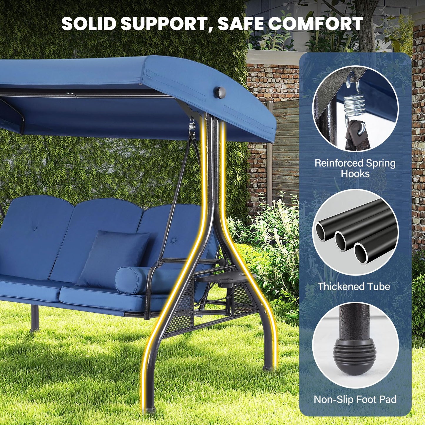 3 Seat Outdoor Porch Swing with Adjustable Canopy,2 in 1 Patio Swing Bed with Stand 800lbs for Adults,Outdoor Swing with Removable Cushion, Cup Holder ＆ Pillow for Backyard, Porch, Garden