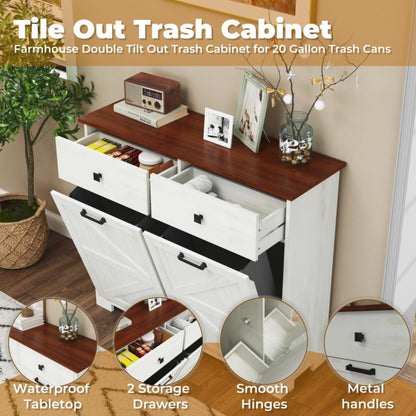 WEALTHGIRL Farmhouse Double Tilt-Out Trash Cabinet for 20-Gallon Trash Cans,Recycling Cabinet with Hidden Drawer, Barn Door Style Laundry Sorter Cabinet,for Kitchen, Bathroom, and Living Room