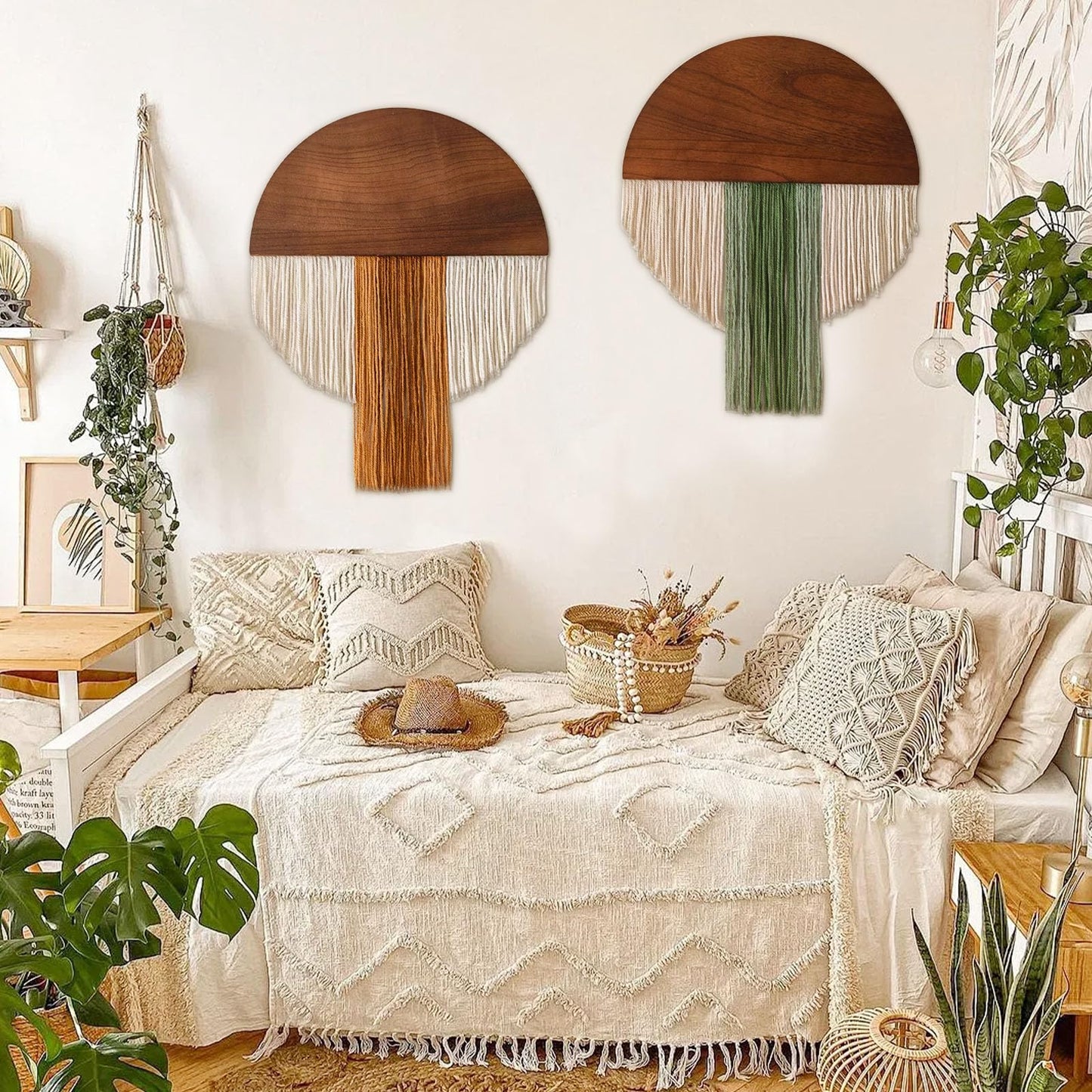Suteng 2 Pcs Macrame Wall Hanging Bohemian Style Half-Circle Wooden Board Fringe Tapestry, Boho Decor Wall Tapestry Handmade Round Tassel for Living Room Bedroom Apartment Wall Art Headboard Decor