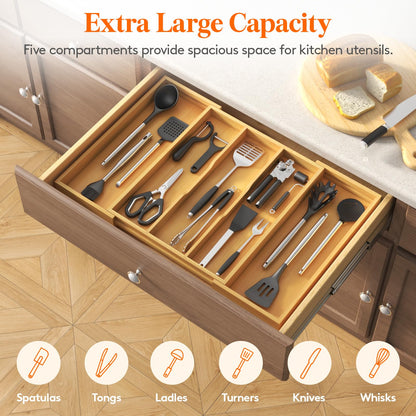 Lifewit Utensil Organizer for Kitchen Drawer, Expandable 13 to 22.4 Inches Wide, Adjustable Cooking Silverware Tray, Bamboo Cutlery Flatware Holder, Spatula Tools and Gadgets Storage Divider, Natural