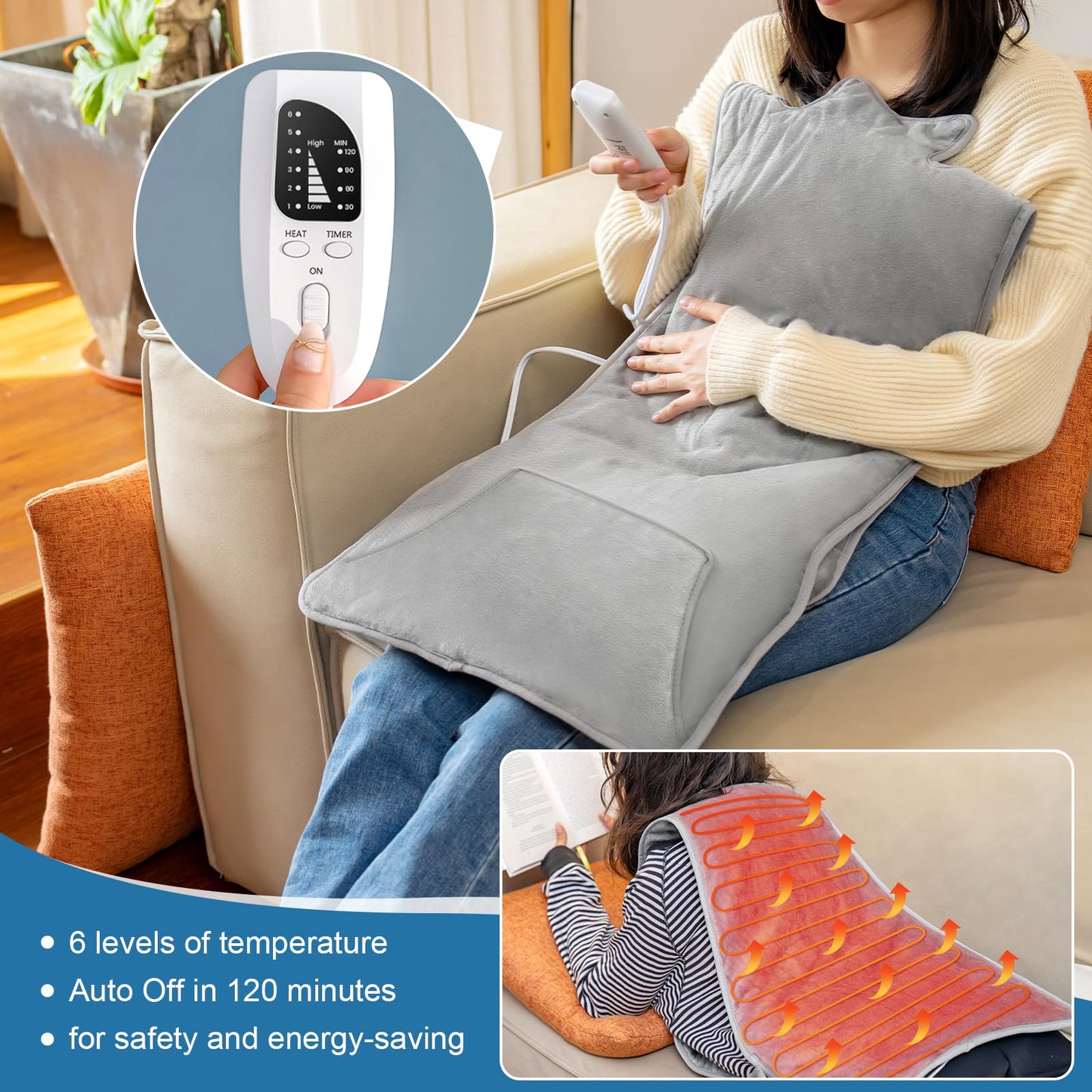 Heating Pad for Back Pain Relief, 22"x 37" Large Heating Pad for Neck and Shoulders, Heat Pad with 6 Heat Settings & 4 Time Settings Auto-Off, Gifts for Women Men Mom Dad (Gray)