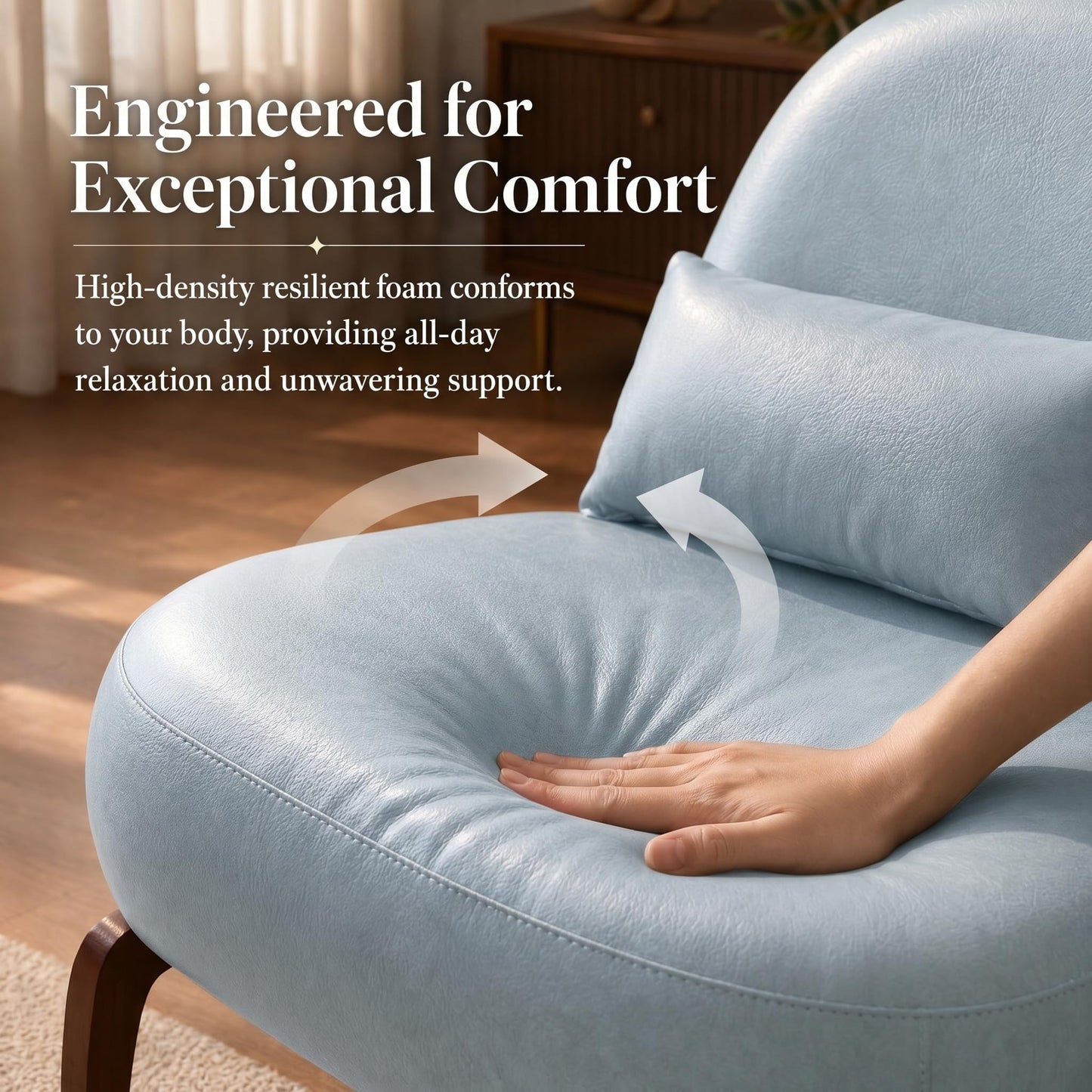 Trygoal Mid Century Modern Leather Armless Accent Chair, MCM Curved Back Lounge Chairs with Tilted Solid Wood Legs & Thick Lumbar Pillow, Single Cloud Sofa for Living Room Reading Nook (Blue)