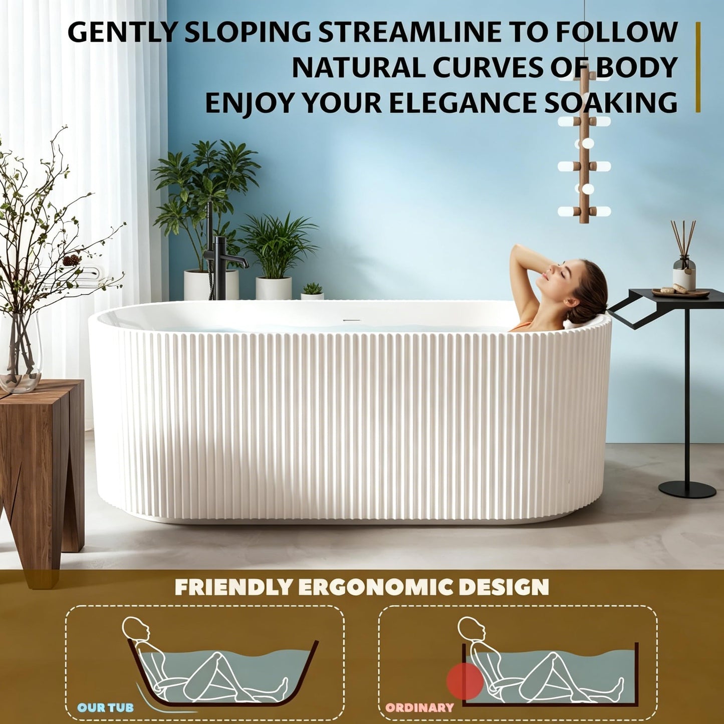 67" Acrylic Freestanding Soaking Bathtub, Deep Ergonomic Design with Lumbar Support, Integrated Overflow Drain, Non-Slip Base,cUPC Certified Modern Bathroom Tub, Easy Installation for Bathroom