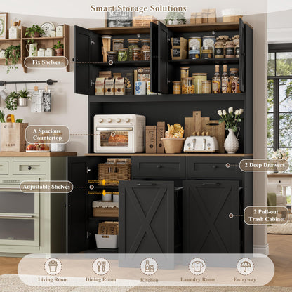 HOSTACK 71" H Kitchen Trash Can Hutch Cabinet, 12.5 Gallon Double Pull Out Garbage Can Hutch Cabinet with Trash Bin Storage Holders, 47" Wide Kitchen Pantry with Hidden Garbage Storage, Black