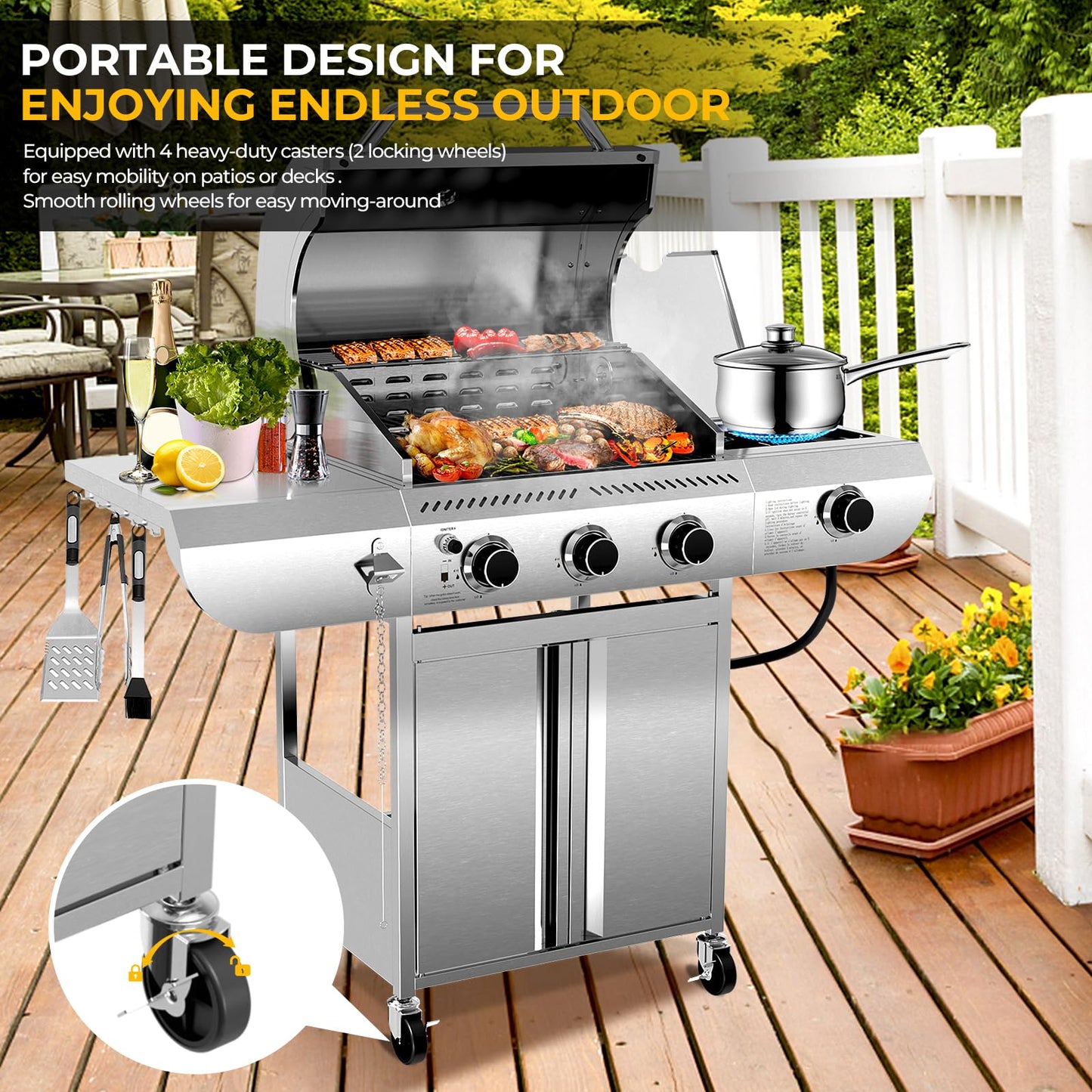 34,000 BTU 3-Burner Propane Gas Grill with Side Burner, All Stainless Steel BBQ Grill, Cast Iron Grates & Portable Cart with Wheels，Outdoor Barbecue Grill for Backyard, Patio, Camping (G31 PRO)
