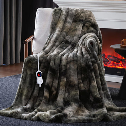 Guohaoi Heated Blanket Electric Throw, Soft Faux Rabbit Fur Electric Blanket with 10 Heating Levels 5 Sitting Timer Auto Off, Cozy Warm Heating Blankets, Machine Washable(50"×60" Beige)