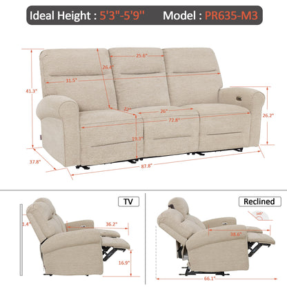 MCombo 87.8" Wall Hugger Power Reclining Sofa with Drop Down Table, 3-Seater Recliner Couch for Small Spaces Living Room RV, USB Ports, Fabric PR635M3 (Beige)