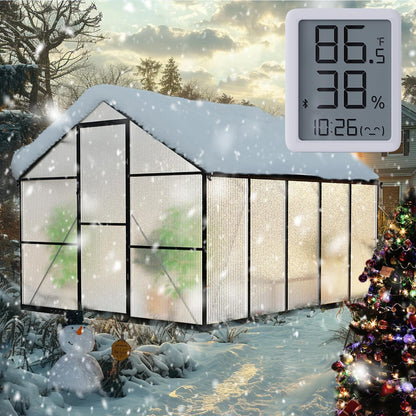 8X10FT Greenhouses for Outdoors with Electronic Thermometers, Green Houses for Outside with Drainage Channel Roof Vent for Backyard, Walk-in Greenhouse Kit Withstands Strong Wind or Snow