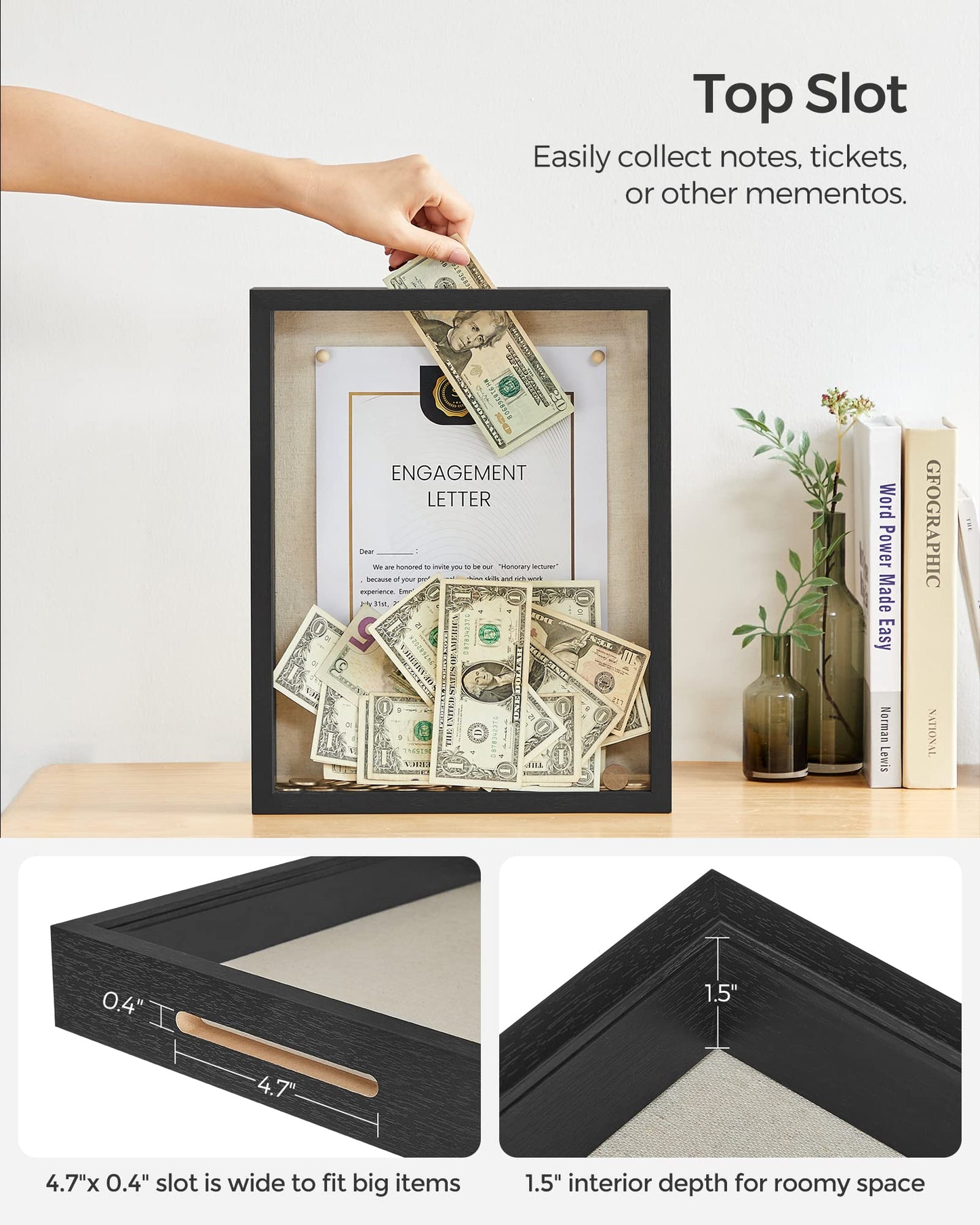 SONGMICS 11x14 Shadow Box Frame, Top Loading Display Case Frame , Glass Front with Top Slot and Push Pins, Linen Fabric Backing for DIY Craft, Gift Idea, Black URPF009B01