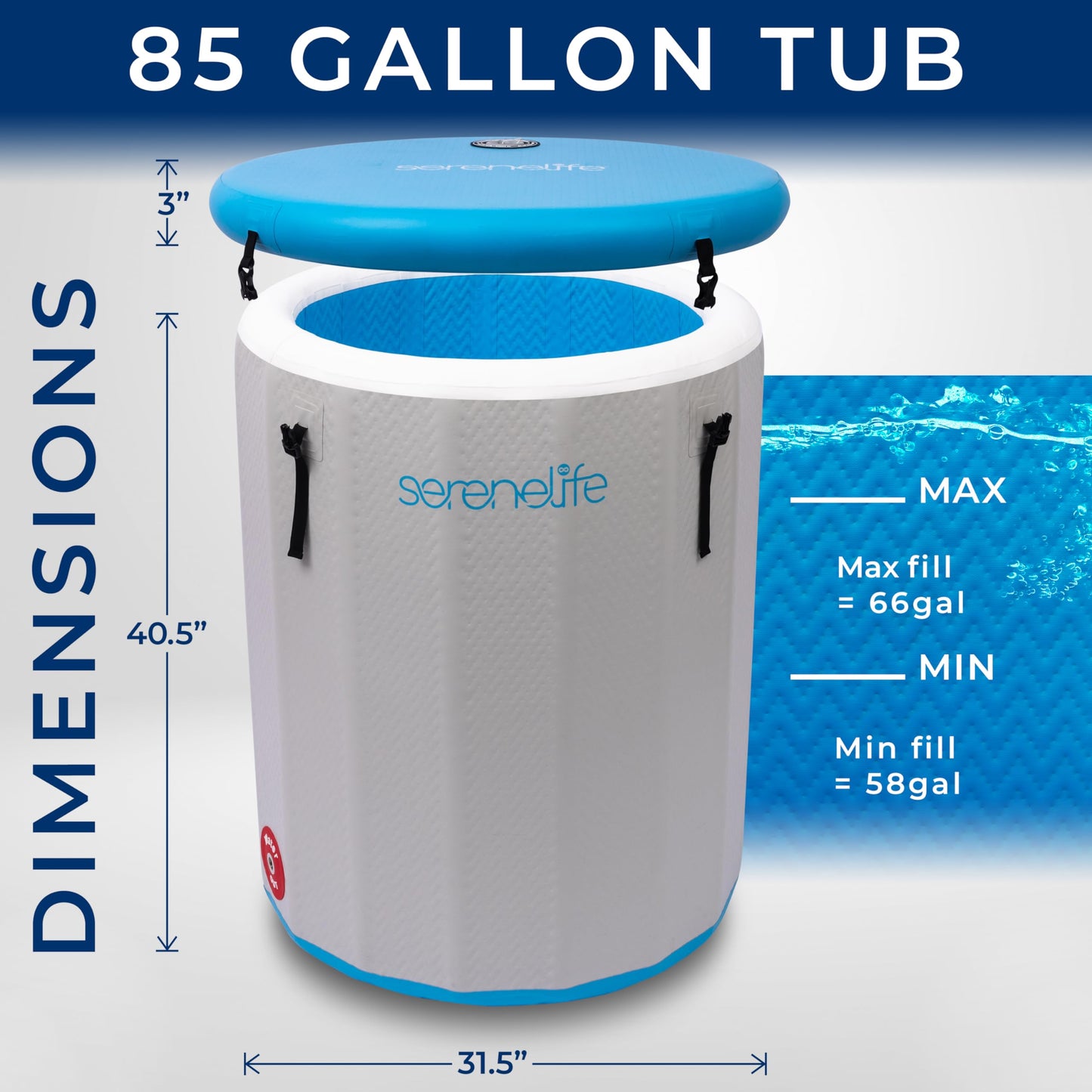 SereneLife Inflatable Cold Plunge Tub Ice Bath, 85 Gal One Person Ice Bath Tub with Lid, Drop Stitch PVC, Double Layer Seals, Heavy Duty Cold Plunge for Athletes