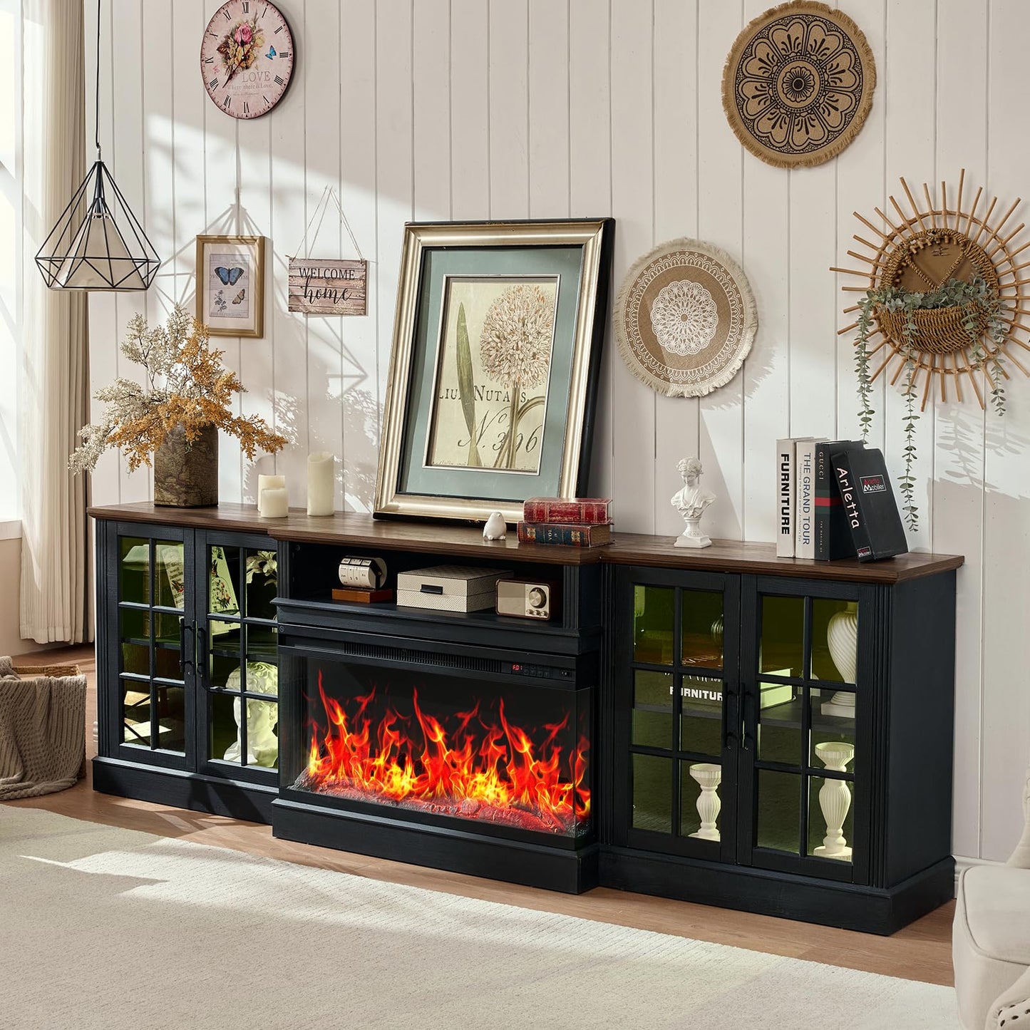 ROCKPOINT 97" Farmhouse Fireplace TV Stand with 3 Sided Glass 36" Electric Fireplace Heater for TVs up to 100", Media Entertainment Center with Adjustable Shelves and Large Storage Cabinets, Black