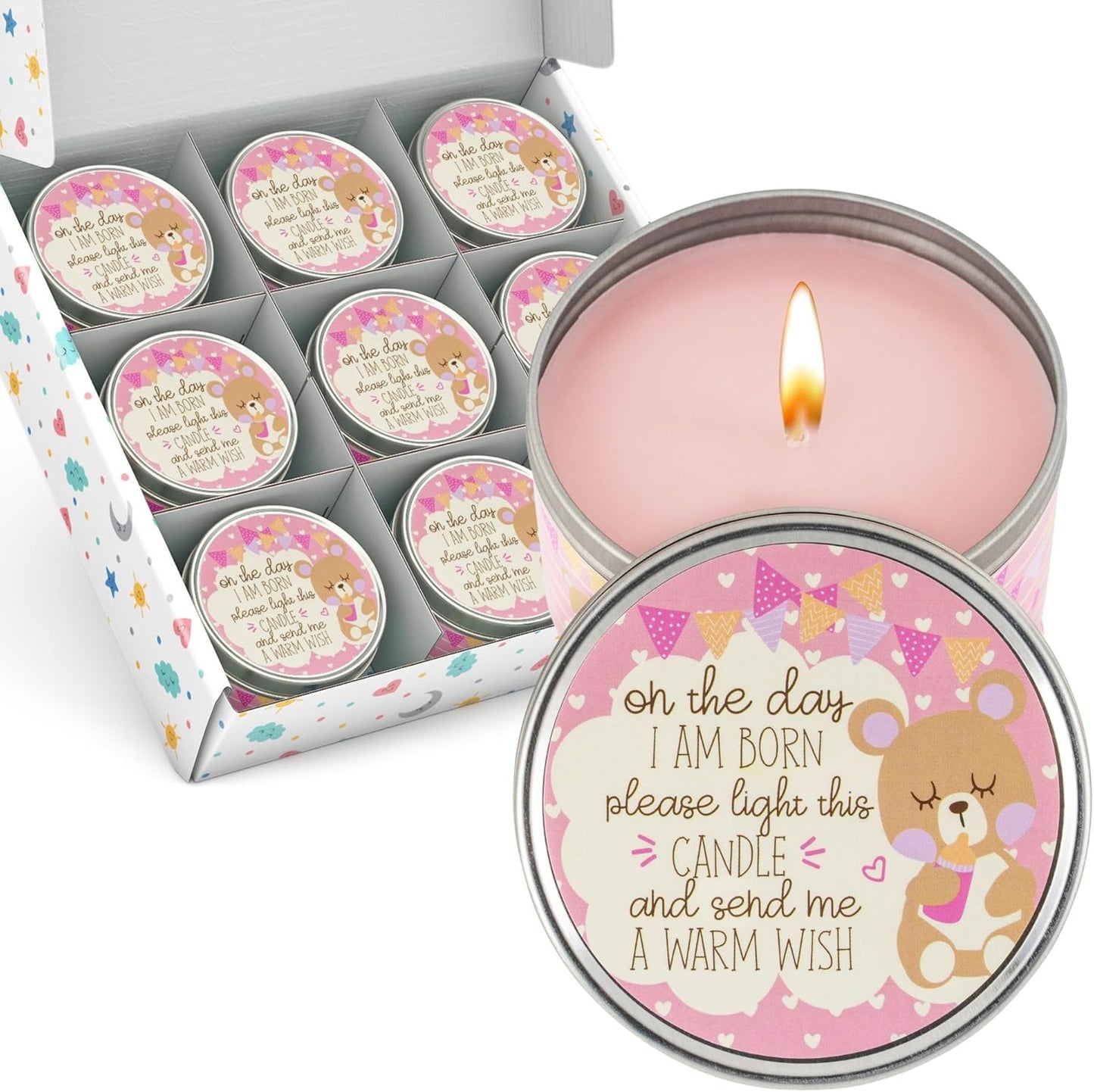 9-Pack 3040 Majestic Zen Baby Shower Candle Favors for Girls | Scented Soy Wax Candles | Baby Powder Scent | Hour Burn