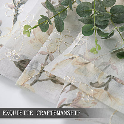 Tollpiz Floral Short White Sheer Tier Curtains, Set of 2 Panels, 30 x 24 inches, Flower Print Vine Embroidery for