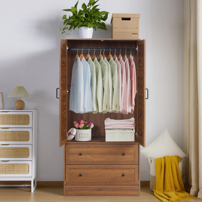 LEVNARY Armoire Wardrobe Closet with 2 Woven Doors, Wardrobe Cabinet with Storage Drawers and Hanging Rail, Freestanding Closets for Bedroom (Walnut)