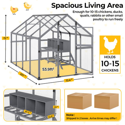 COZIWOW Chicken Coop with Full Waterproof Cover, 9' Extra Large Wooden Chicken House for 10-15 Chickens, 4 Nesting Boxes, Roosting Bars, Outdoor Walk-in Poultry Run for Backyard, Farm, Modern Gray
