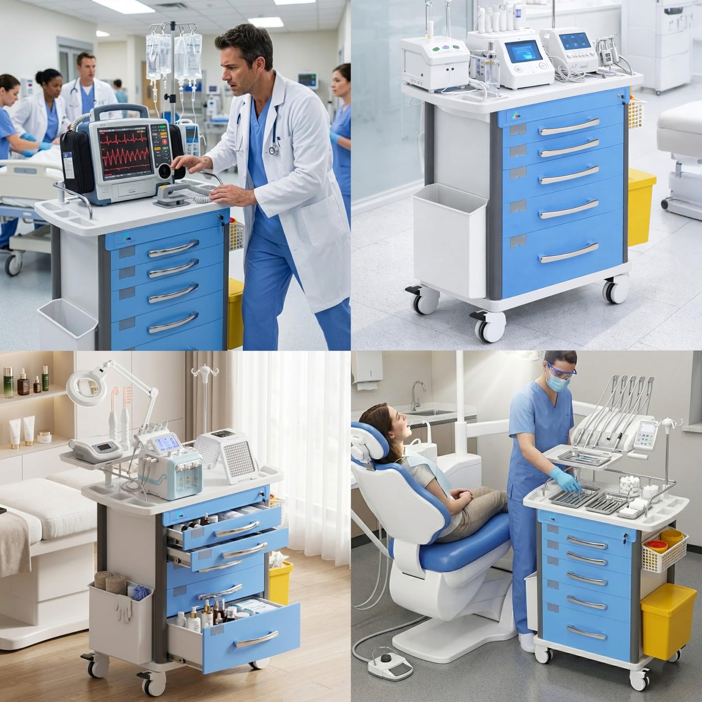 Medical Crash Cart | Emergency Rolling Trolley with 5 Locking Drawers | Hospital Procedure & Lab Utility Cart w/IV Pole, CPR Board, Defib Shelf & Power Strip | Mobile Workstation for Dental & Clinic