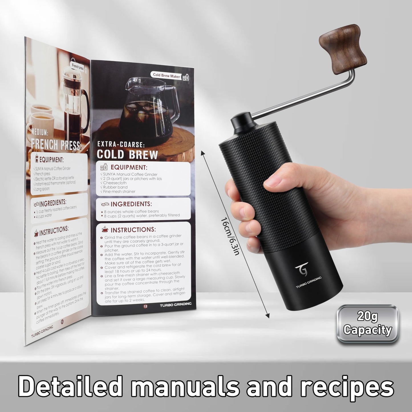 SUNYA Manual Coffee Grinder with Stainless Steel Conical Burr. Aluminum Shell Hand Coffee Bean Mill with Adjustable Settings. Coffee Recipes Booklet Included (MCG-02 Black)