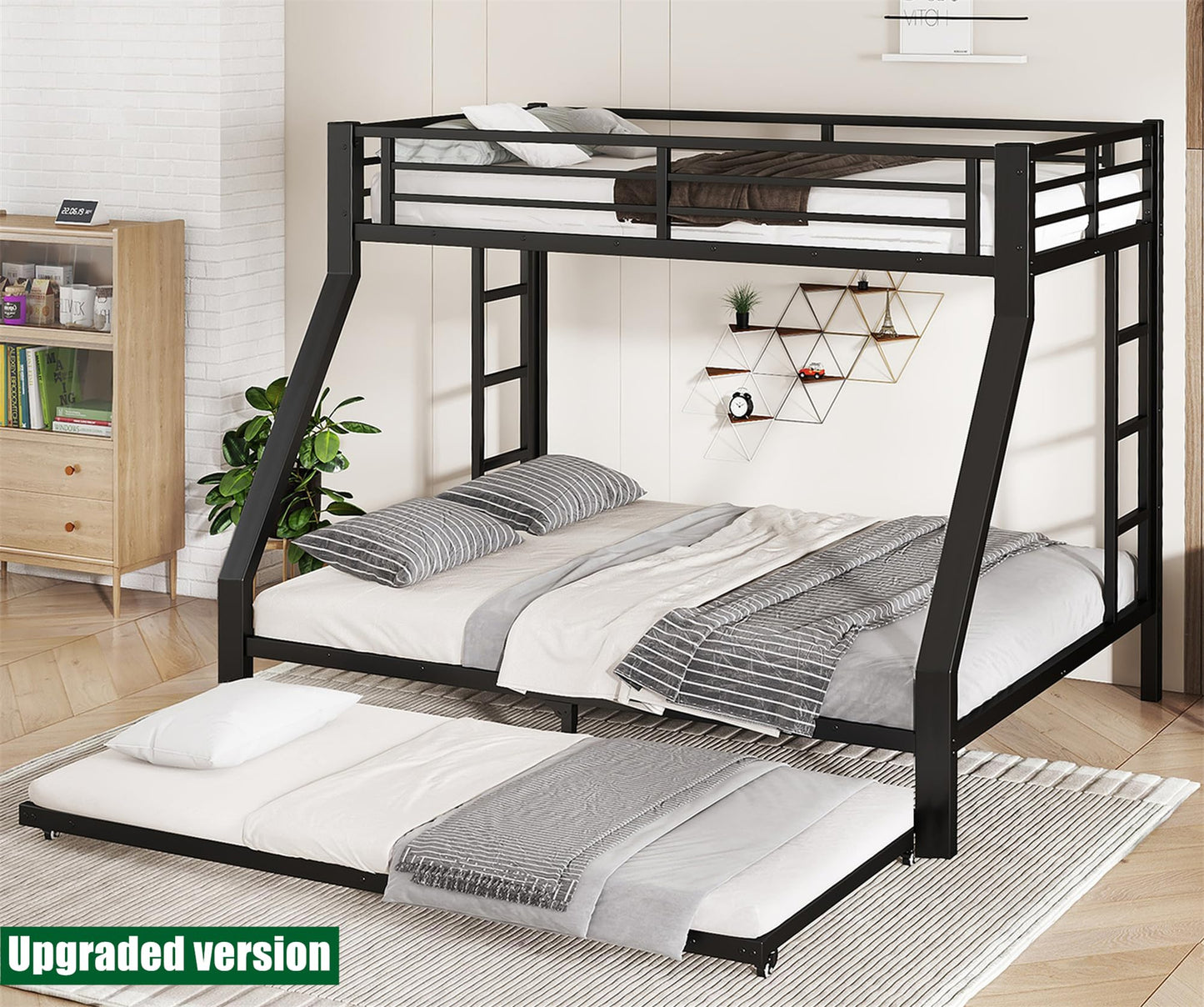 NOAHLEO Stronger & Safer Heavy Duty Metal Twin XL Over Queen Size Bunk Bed with Twin Trundle for Adults Teens, More Stable Thickened Steel Bunkbed (Twin XL Over Queen with Twin Trundle)