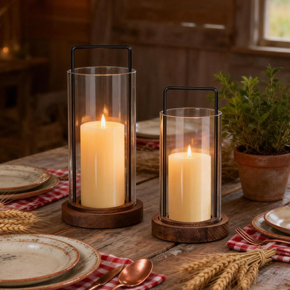 Houmury Farmhouse Candle Holder Decor Boho Glass Hurricane Lantern for Table Centerpieces Set of 2 Decorative Wood Metal Candle Holders for Living Room Dining Patio Home Decoration (Brown)