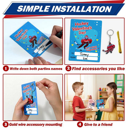 PINGAMOO Hockey Valentines Day Cards, 32PCS Valentine Cards with 32PCS Hockey Keychains, Boys Valentine's Card for Classroom School Party Favors Valentines Exchange