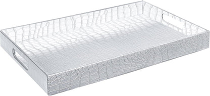 17.5"x12" Home Redefined Silver Glossy Crocodile Faux Leather Serving Tray Beautiful Modern Elegant Decorative Tray