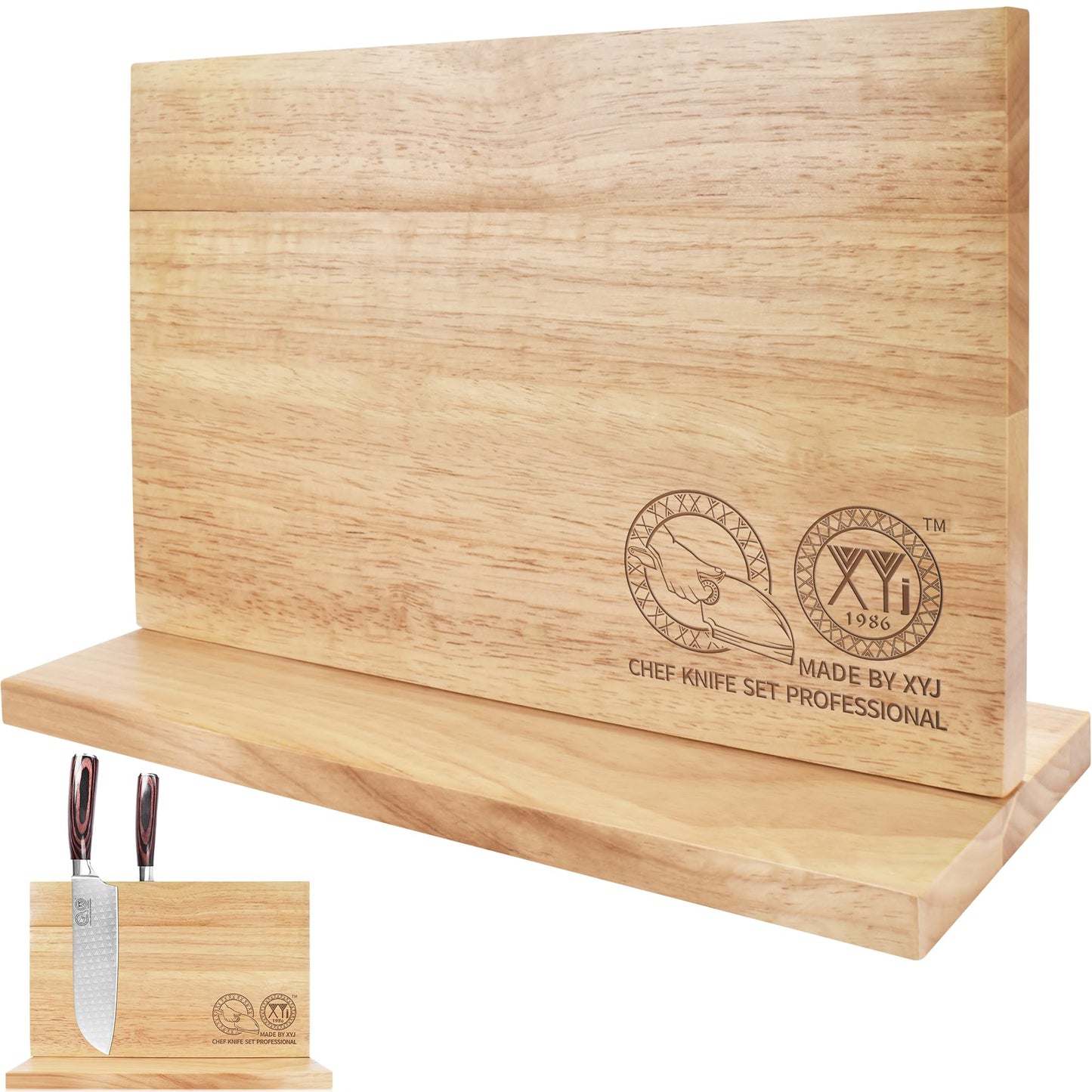 XYJ Authentic Since 1986, Magnetic Knife Block, Double Side Kitchen Knife Stand, Acacia Wood, Magnetic Knife Holder with Strong Enhanced Magnets,Knives Storage Rack Stand for Home Kitchen