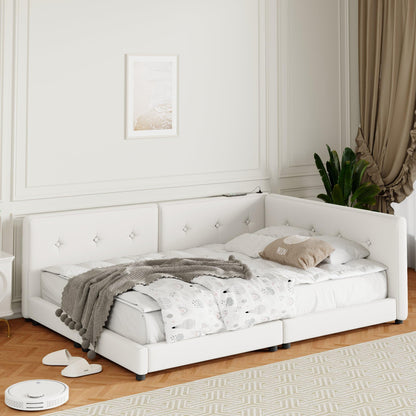 Merax Queen Size Modern Upholstered Platform Bed with USB Ports, Floor Daybed with Wood Slat Support/Queen,Beige