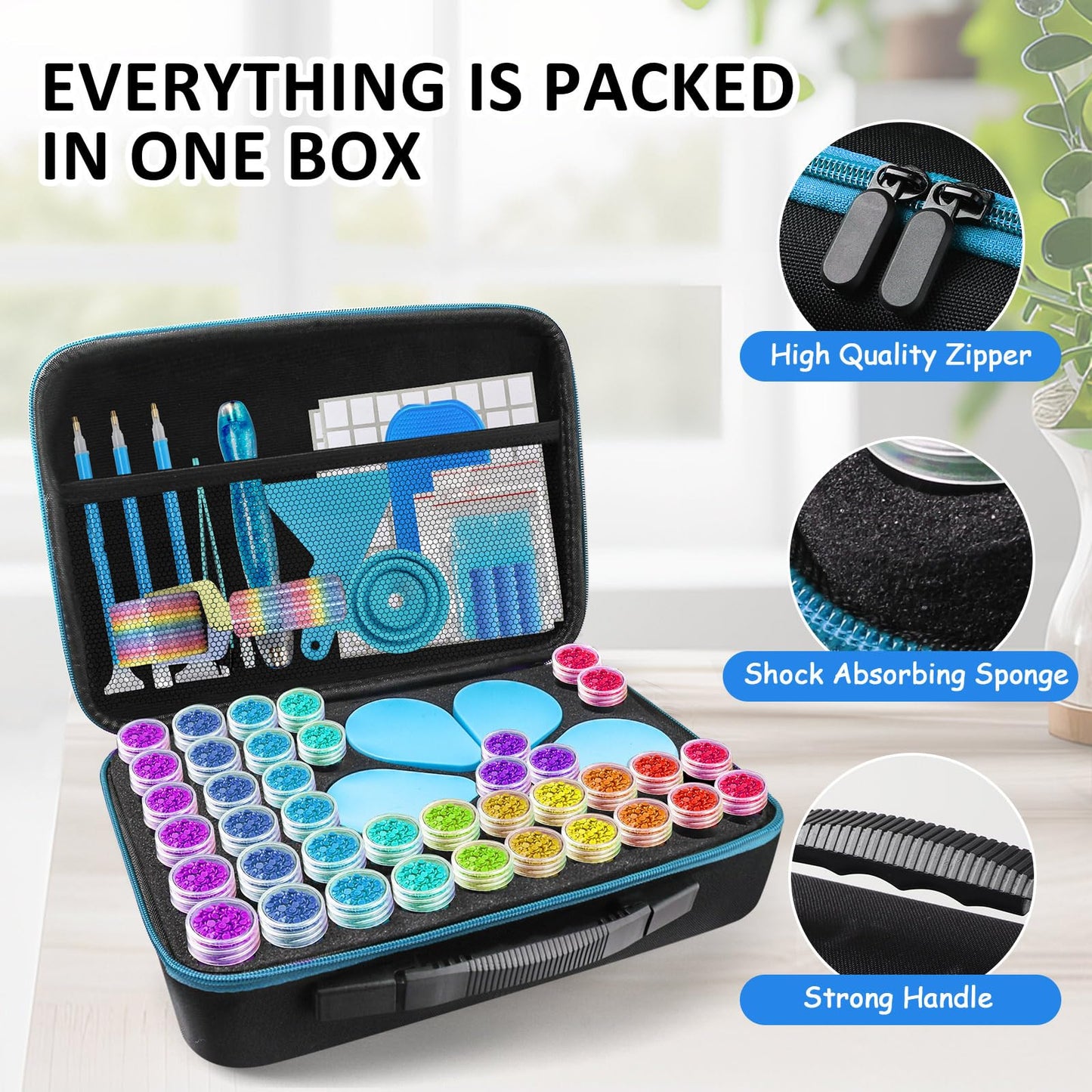 Aicmerk 60 Slot Diamond Art Storage Containers, Portable Diamond Painting Organizer with Tools, Leak Proof Bead Storage Container for Craft Supplies and DIY Art Accessories